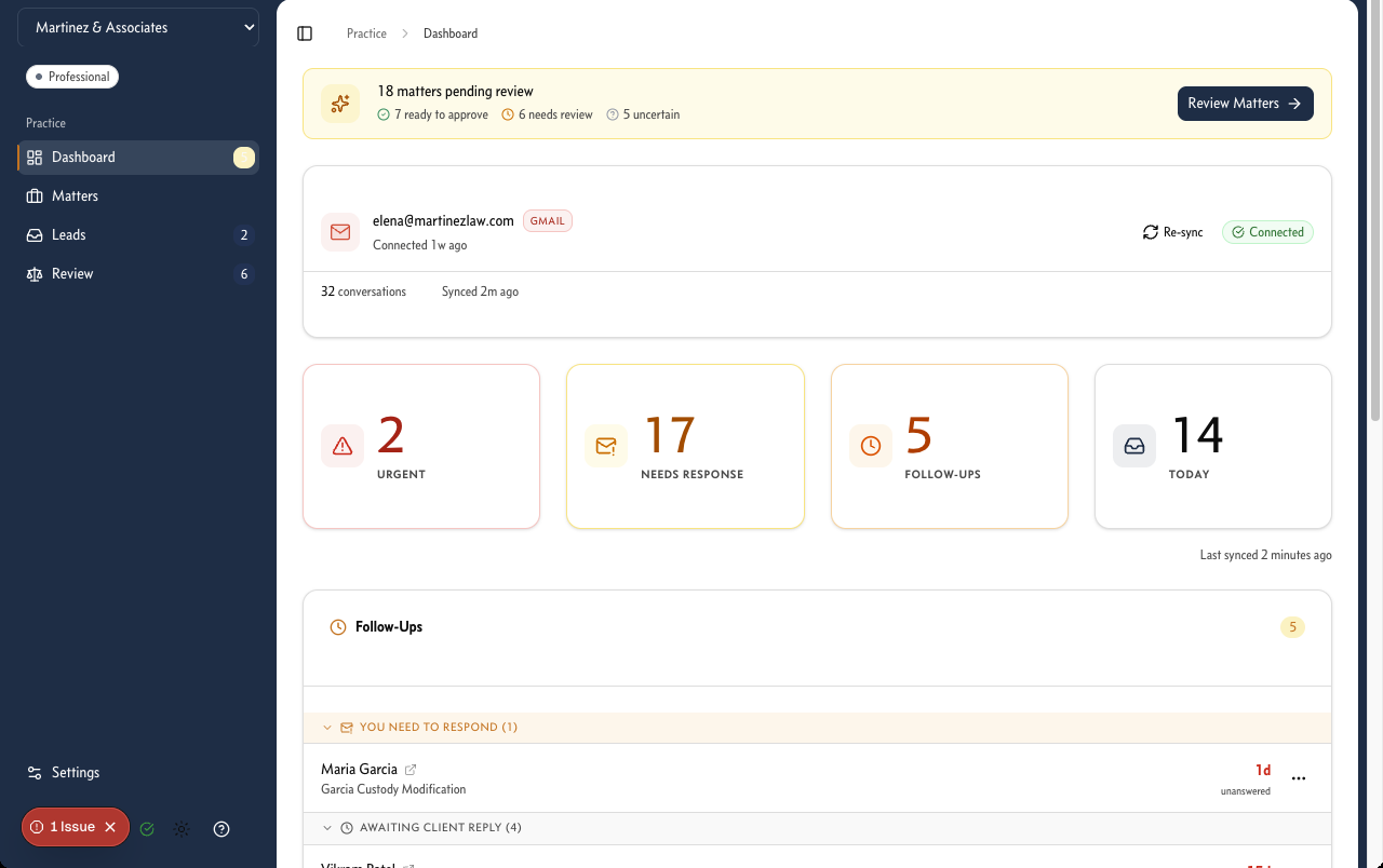 LegalContext operations dashboard showing matters pending review, email sync status, and follow-up queue