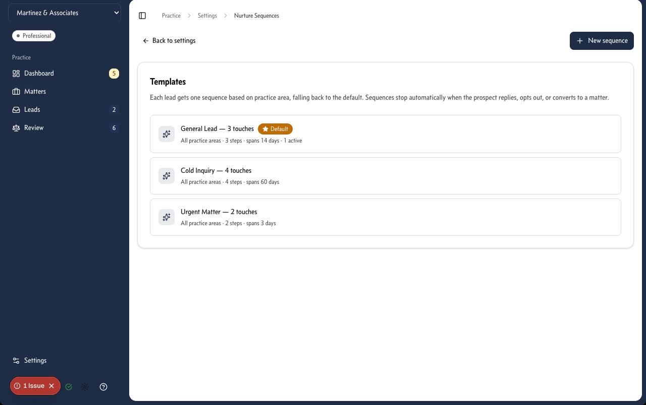 LegalContext nurture sequence templates for following up with dormant clients by practice area