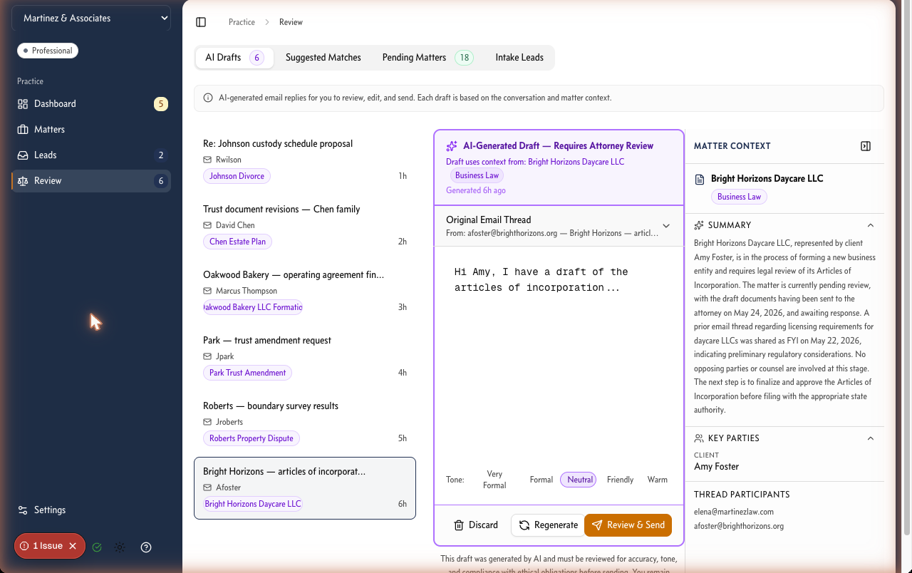LegalContext AI-drafted client email shown alongside the original thread and matter context for attorney review